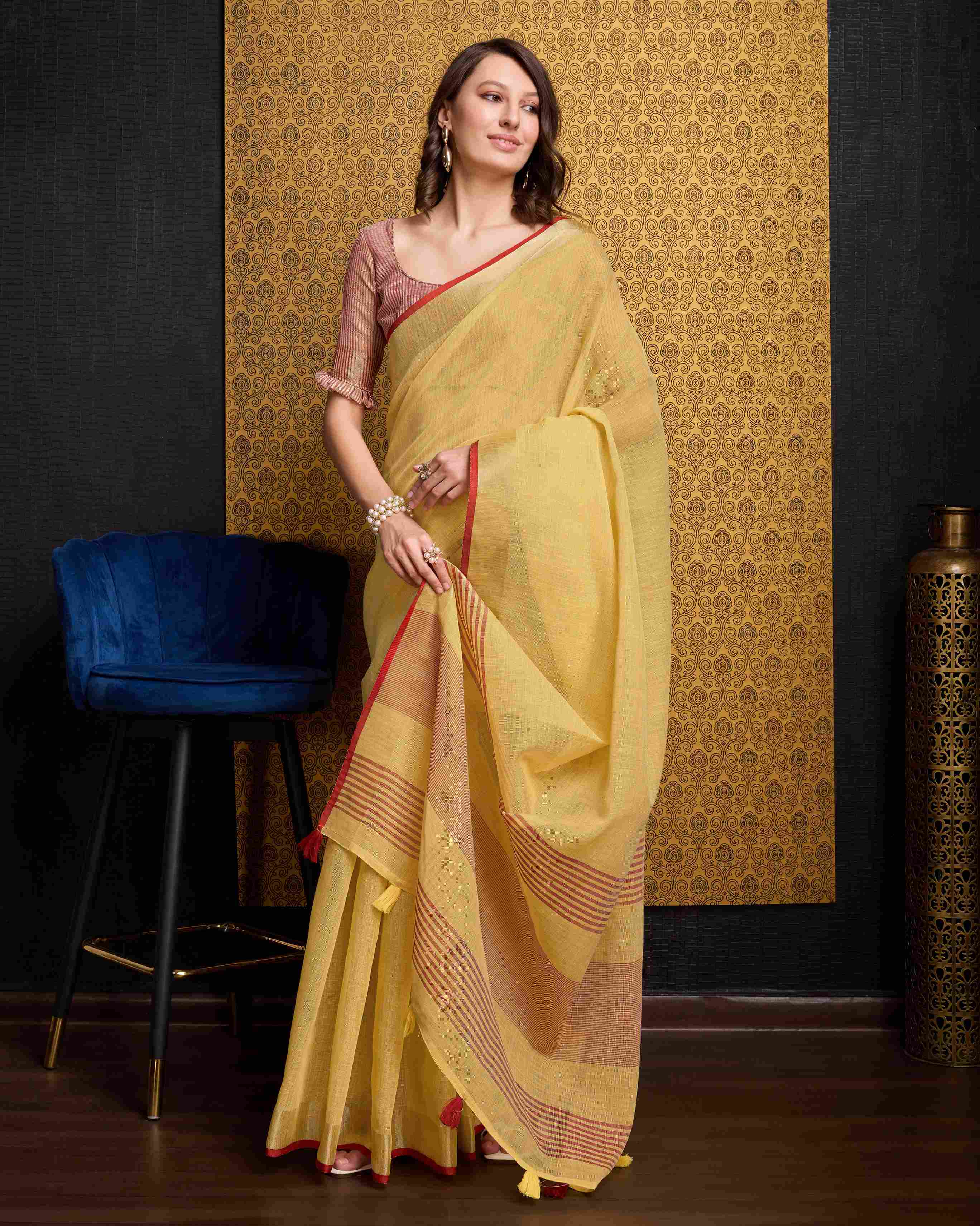 Yellow Cotton Linen Saree With Pure Cotton Unstitched Blouse Piece
