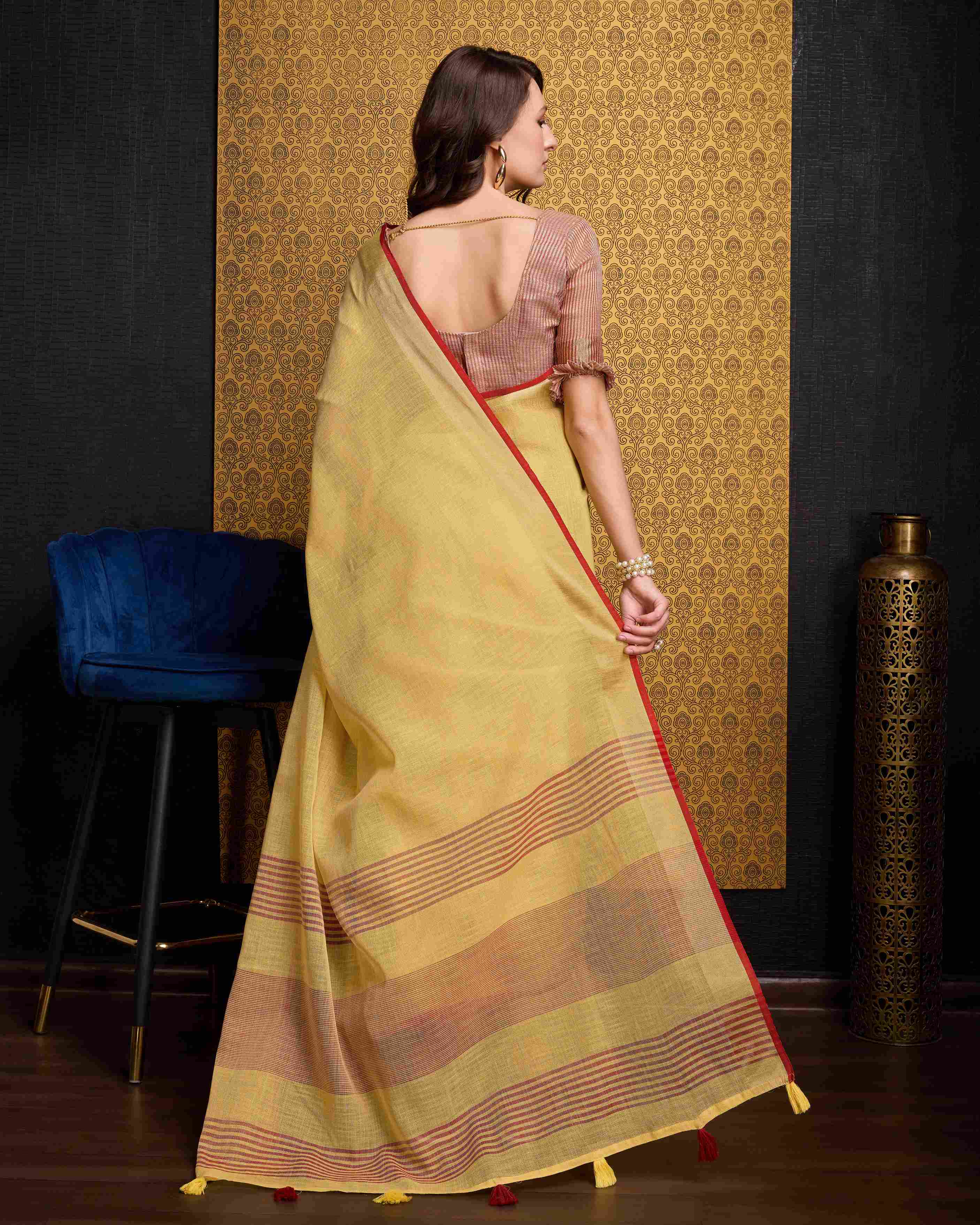 Yellow Cotton Linen Saree With Pure Cotton Unstitched Blouse Piece